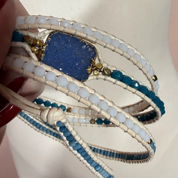 Nakamol blue white Raw gemstone boho Mediterranean long Wrap bracelet - Picture 15 of 15